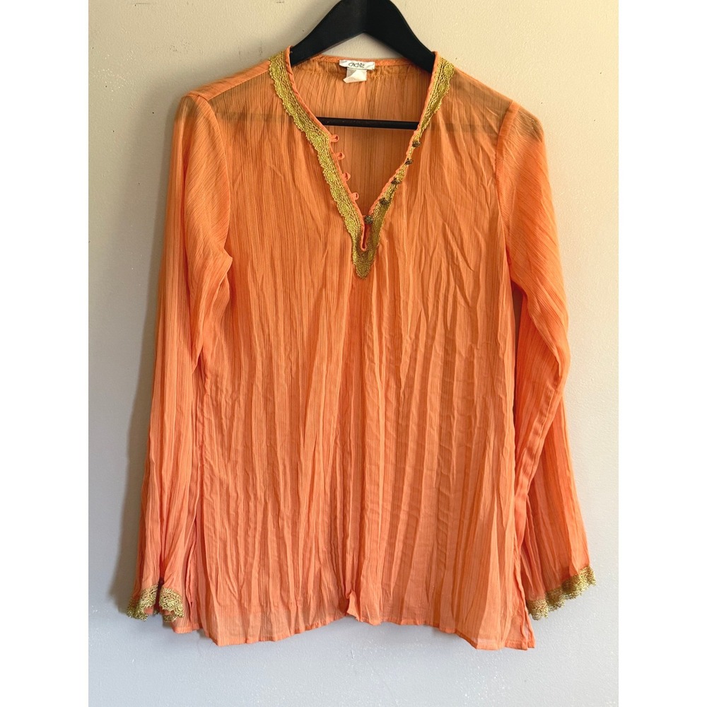 Vintage Cache Orange Peasant Blouse Boho Y2K Fairycore Gold Metallic Trim Tunic